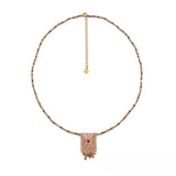 Multi-Stone Beaded Necklace <br/> Leather & Rhinestone Pendant Oval <br/> Rose