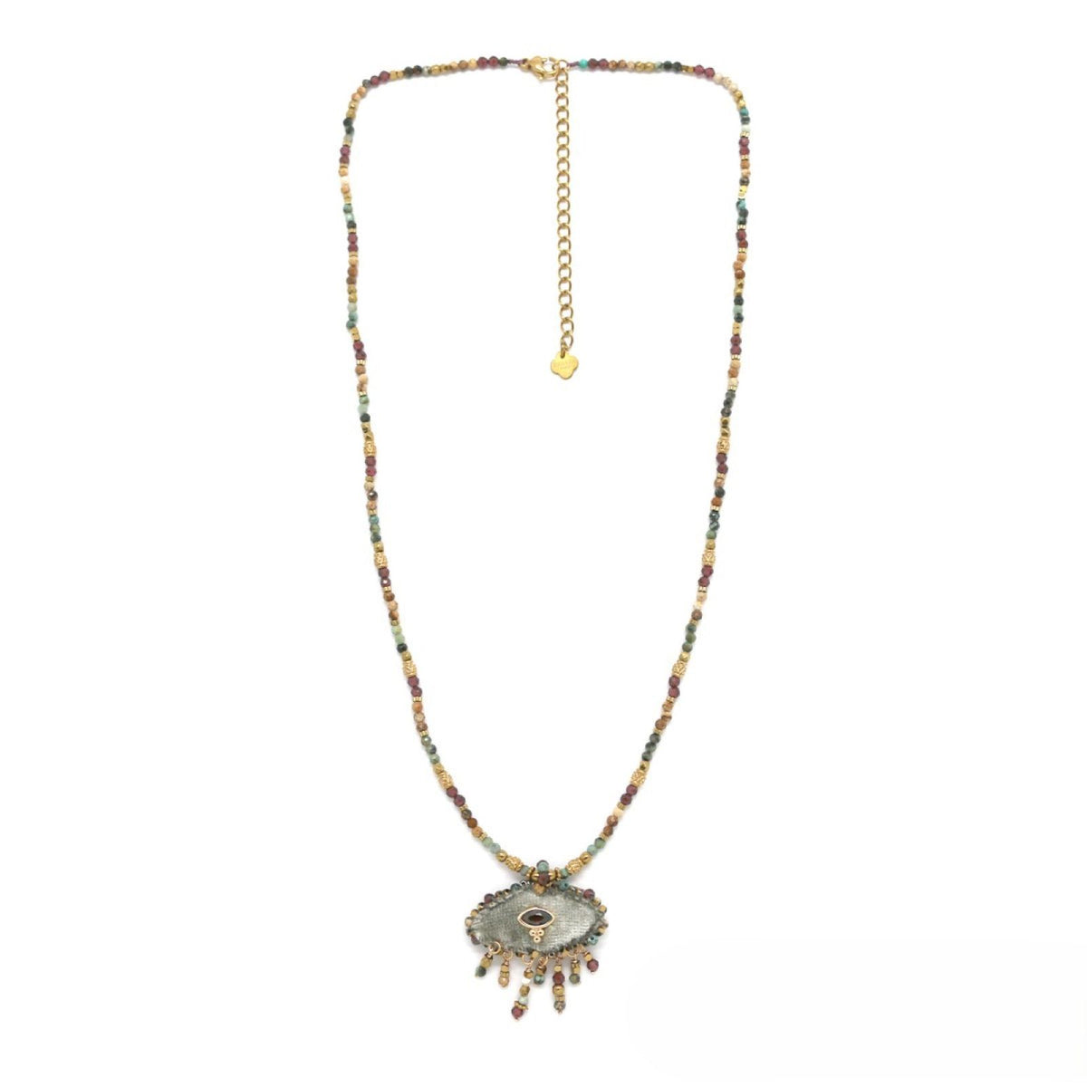 Multi-Stone Beaded Necklace <br/> Eye Pendant Sewn Onto the Hand <br/> African Turquoise
