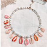 Gold Necklace Pearls <br/> Multi Shells Pink/Red Color