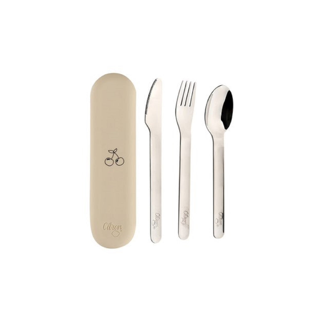 Set of spoon, knife, fork and silicon container