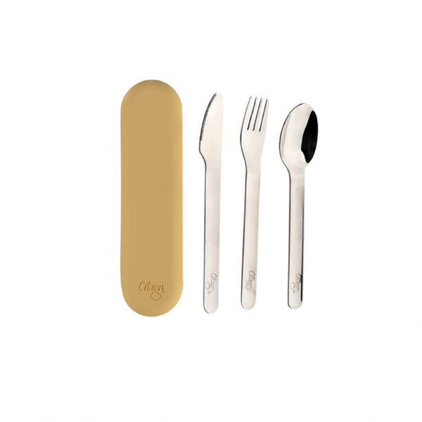Set of fork, knife, spoon and silicone cover