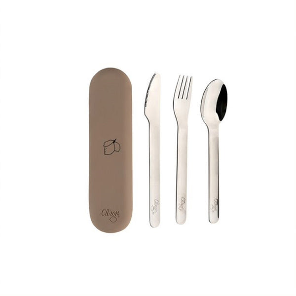 Set of fork, knife, spoon and container