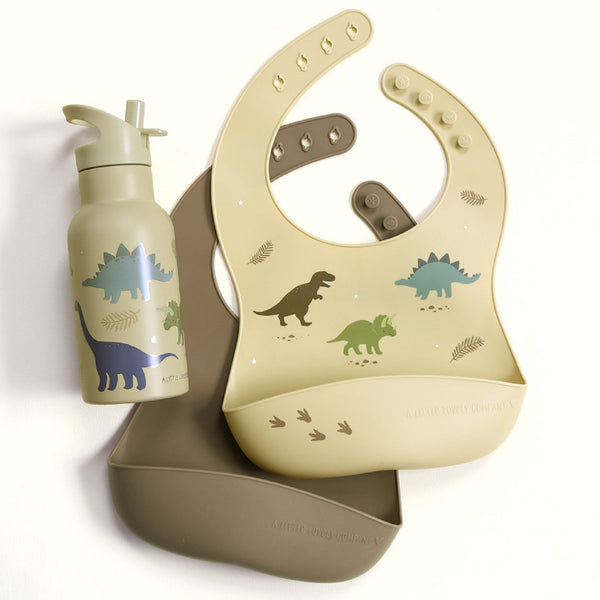 Dinosaurs designed collection bib and drink bottle.