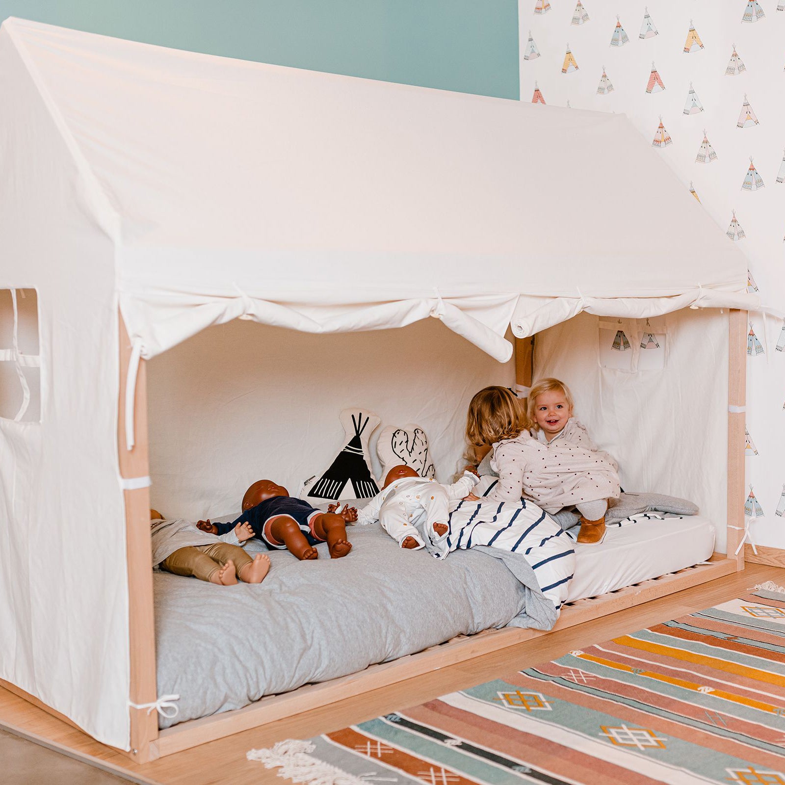 The bed frame is placed directly on the floor