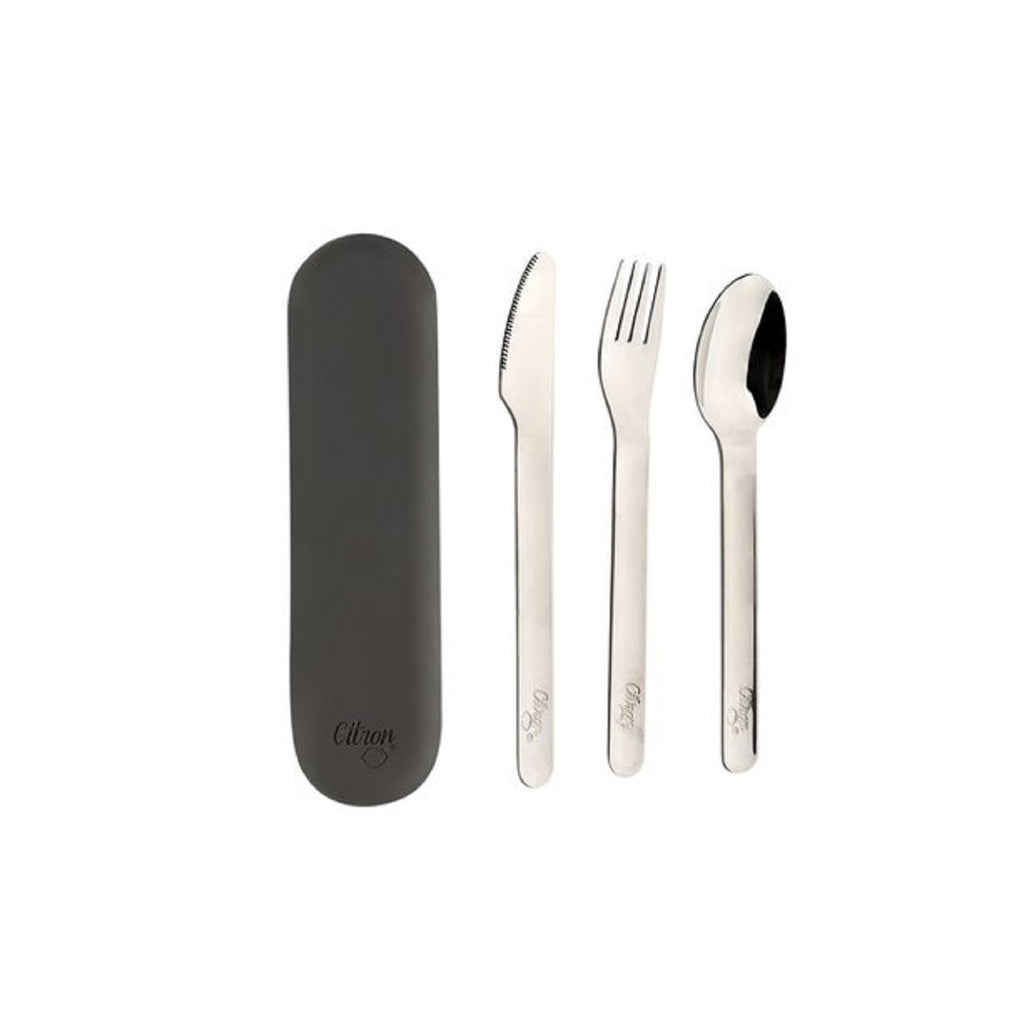 Include fork, knife, spoon and black container